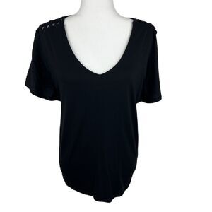 White House Black Market Blouse Women Small Black Short Braided Flutter Sleeve